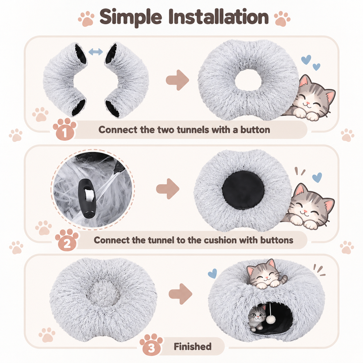 Illustrated guide showing how to connect the cat tunnel sections and cushion