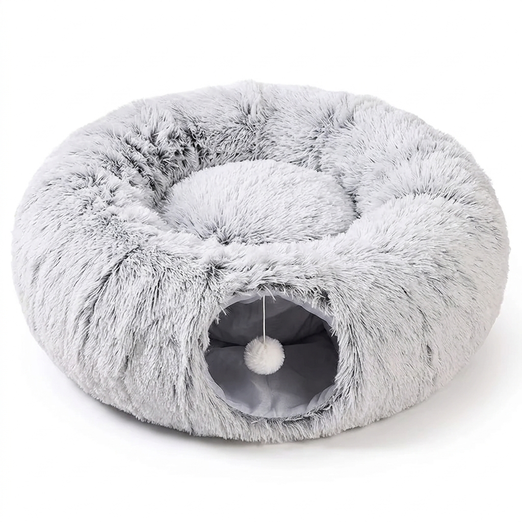 Cozy plush cat tunnel bed with a soft round resting area and hanging pom-pom toy
