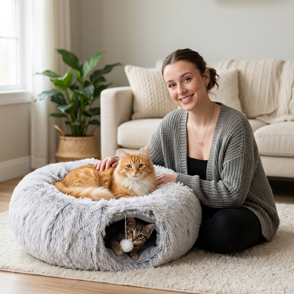 A cat relaxing in its cozy bed in a warm, comfortable living room